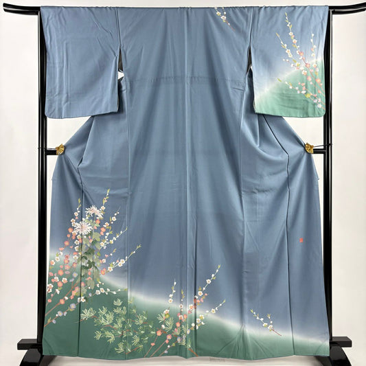 訪問服 身長166cm 袖長65cm M 雙層 落款 松樹梅花 草花紋紋 染分 ぼかし 青灰 純蠶絲 秀品級