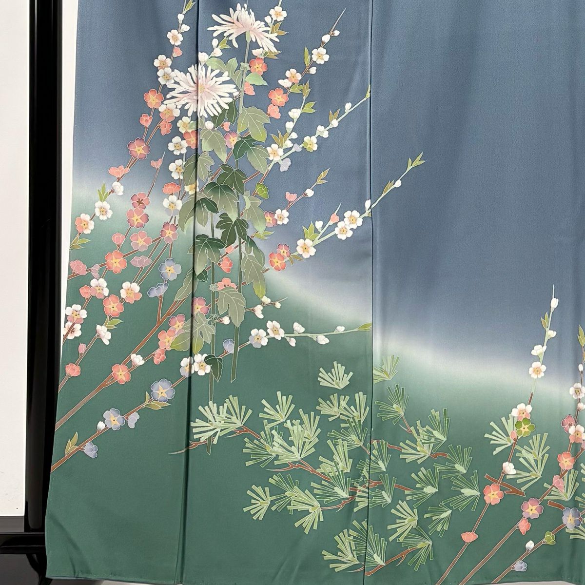 訪問服 身長166cm 袖長65cm M 雙層 落款 松樹梅花 草花紋紋 染分 ぼかし 青灰 純蠶絲 秀品級