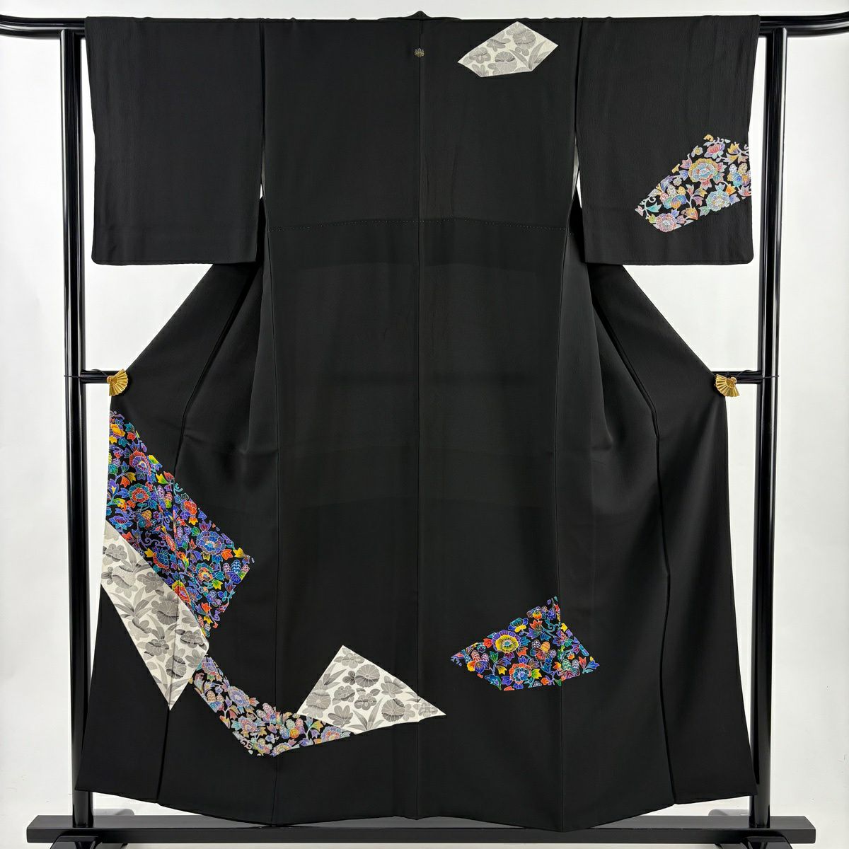 付下 身長155cm 袖長62cm S 雙層 花唐草紋 草花紋紋 黑 純蠶絲 秀品級 一つ紋