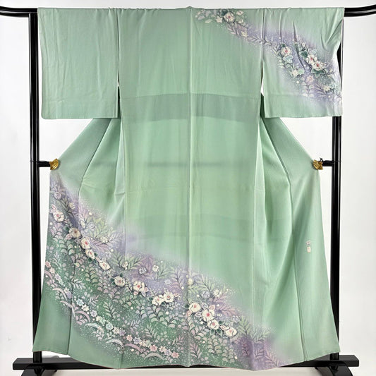訪問服 身長157.5cm 袖長65.5cm M 雙層 落款あり 辻花染 芝 ぼかし 薄綠 純蠶絲 秀品級