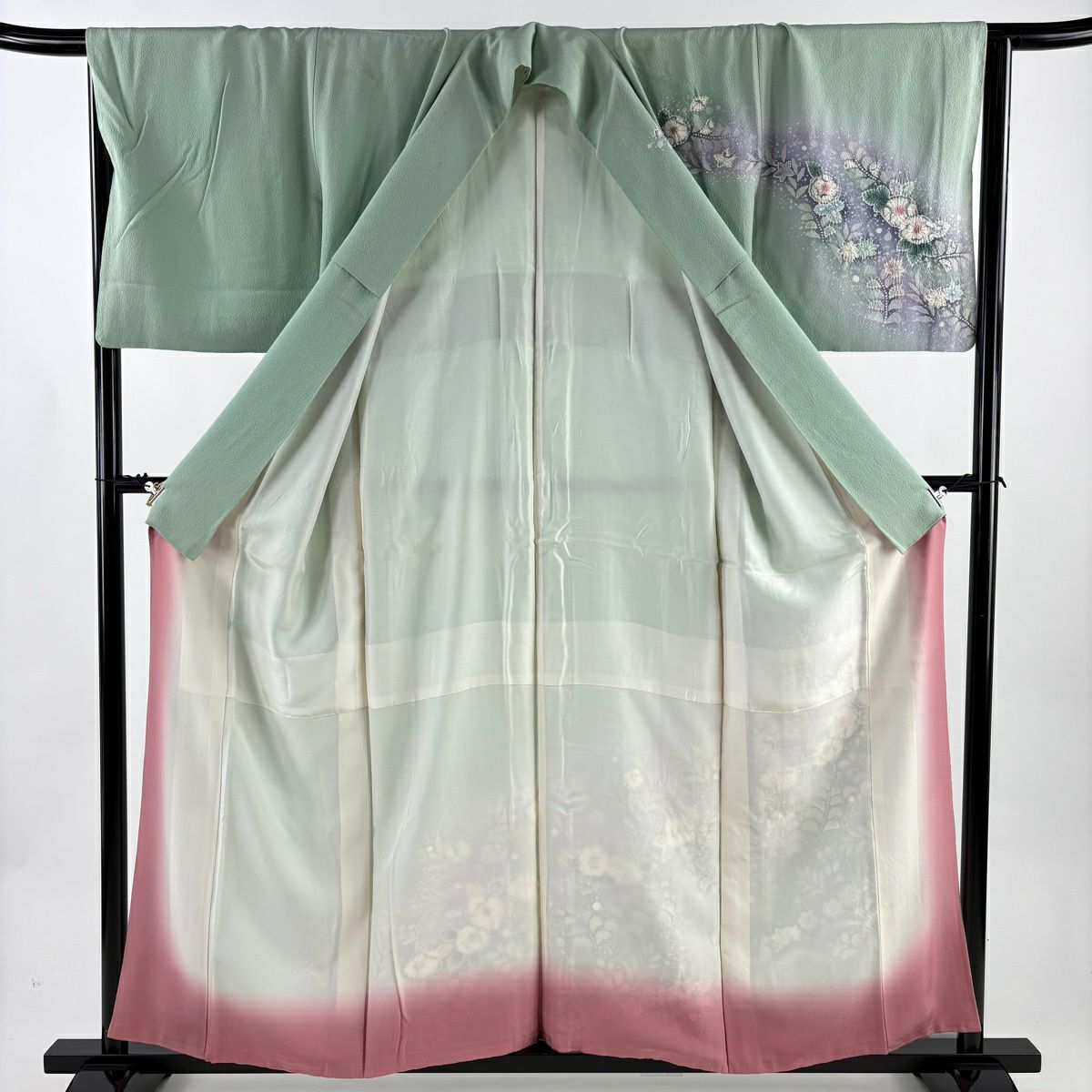 訪問服 身長157.5cm 袖長65.5cm M 雙層 落款あり 辻花染 芝 ぼかし 薄綠 純蠶絲 秀品級