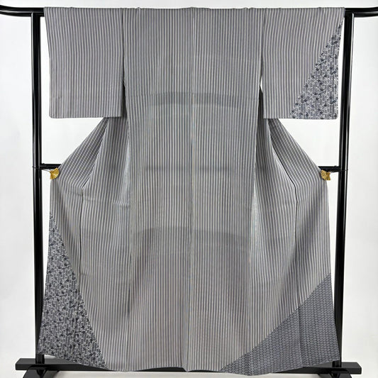 【美品】 付下 身長158.5cm 袖長62cm S 雙層 縱條紋 梅花 灰色 純蠶絲 秀品級