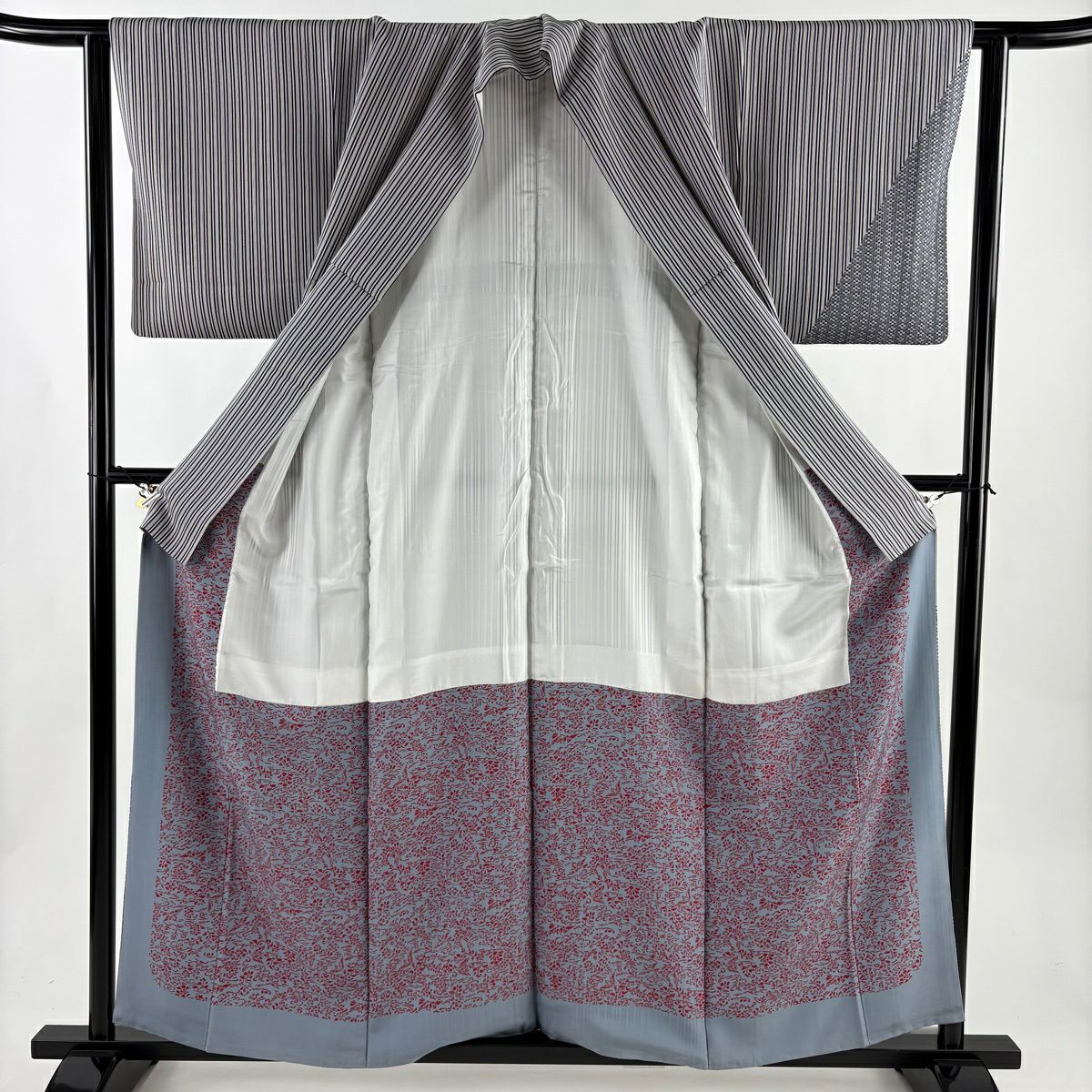 【美品】 付下 身長158.5cm 袖長62cm S 雙層 縱條紋 梅花 灰色 純蠶絲 秀品級