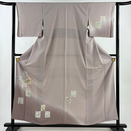 付下 身長158cm 袖長62.5cm S 雙層 色紙 草花紋紋 金銀彩 漸層 淺小豆 純蠶絲 優品級
