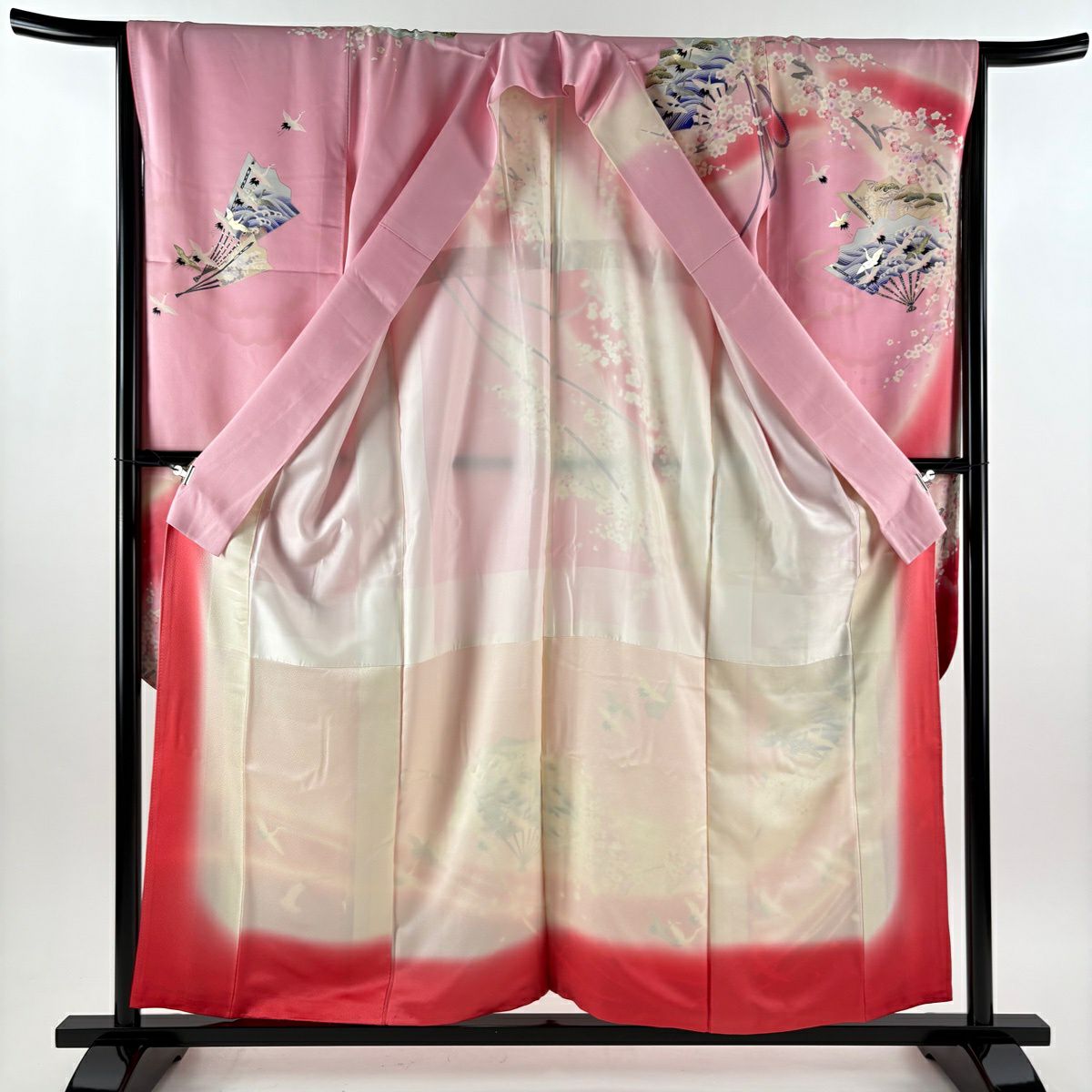 振袖禮服 身長157cm 袖長66.5cm M 雙層 扇子 仙鶴 金絲 金銀彩 淺粉色 純蠶絲 優品級