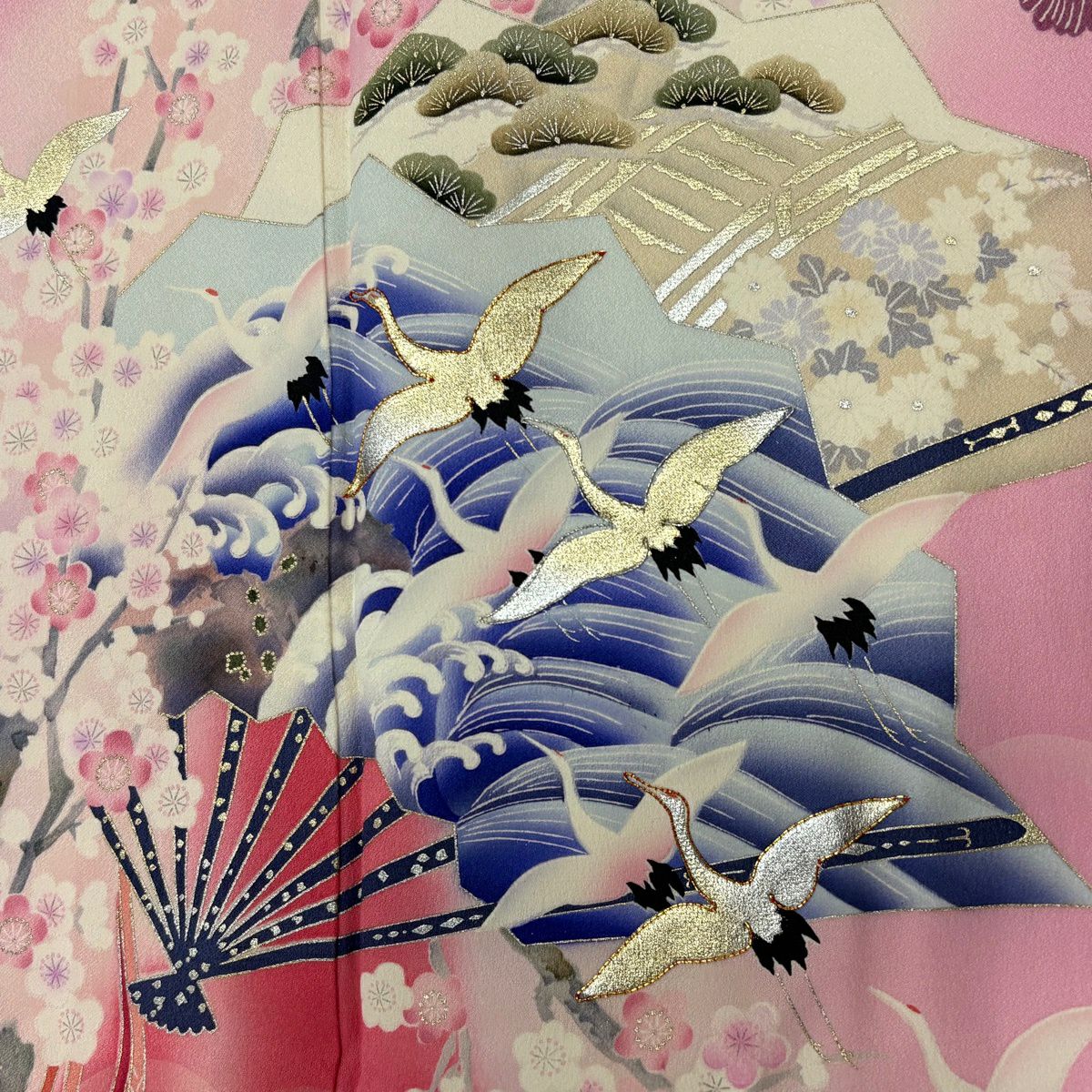 振袖禮服 身長157cm 袖長66.5cm M 雙層 扇子 仙鶴 金絲 金銀彩 淺粉色 純蠶絲 優品級