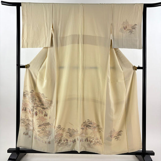 付下 身長159cm 袖長63cm S 雙層 扇子面 人物 刺繡 金金箔 米色 純蠶絲 優品級