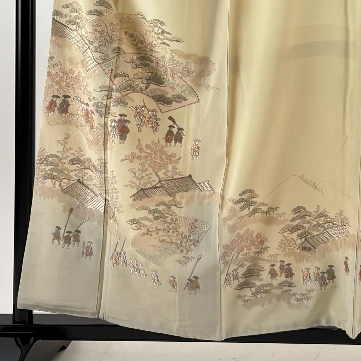 付下 身長159cm 袖長63cm S 雙層 扇子面 人物 刺繡 金金箔 米色 純蠶絲 優品級