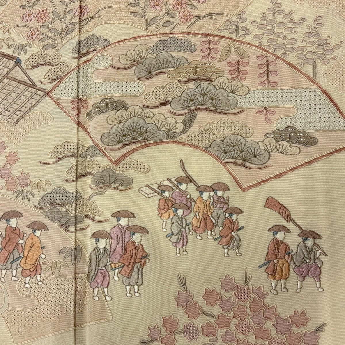 付下 身長159cm 袖長63cm S 雙層 扇子面 人物 刺繡 金金箔 米色 純蠶絲 優品級