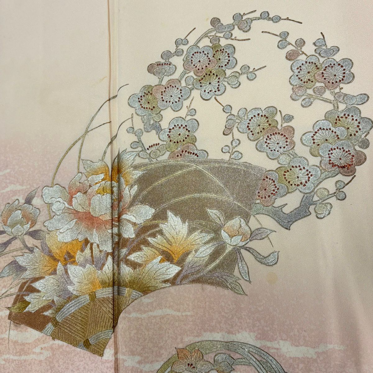 付下 身長160.5cm 袖長65cm M 雙層 和田光正 落款 花丸紋 扇子面 金銀彩 漸層 粉米色 純蠶絲 優品級