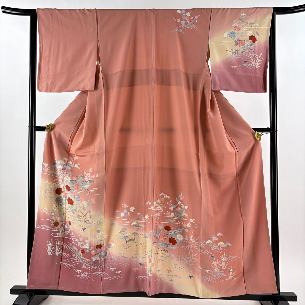 訪問服 身長158.5cm 袖長64.5cm M 雙層 松樹竹子梅花 橋 金銀彩 漸層 鮭粉色 純蠶絲 優品級