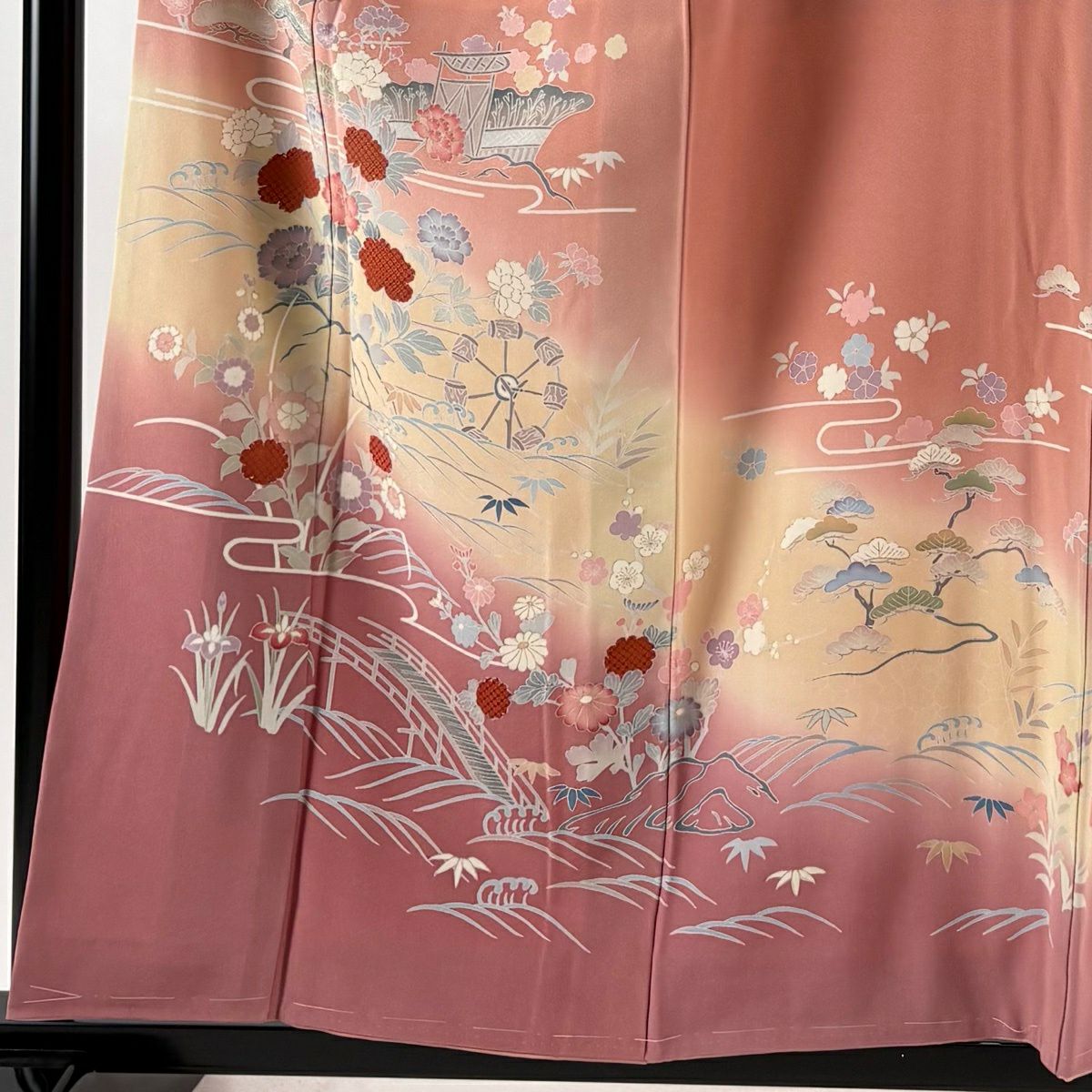 訪問服 身長158.5cm 袖長64.5cm M 雙層 松樹竹子梅花 橋 金銀彩 漸層 鮭粉色 純蠶絲 優品級