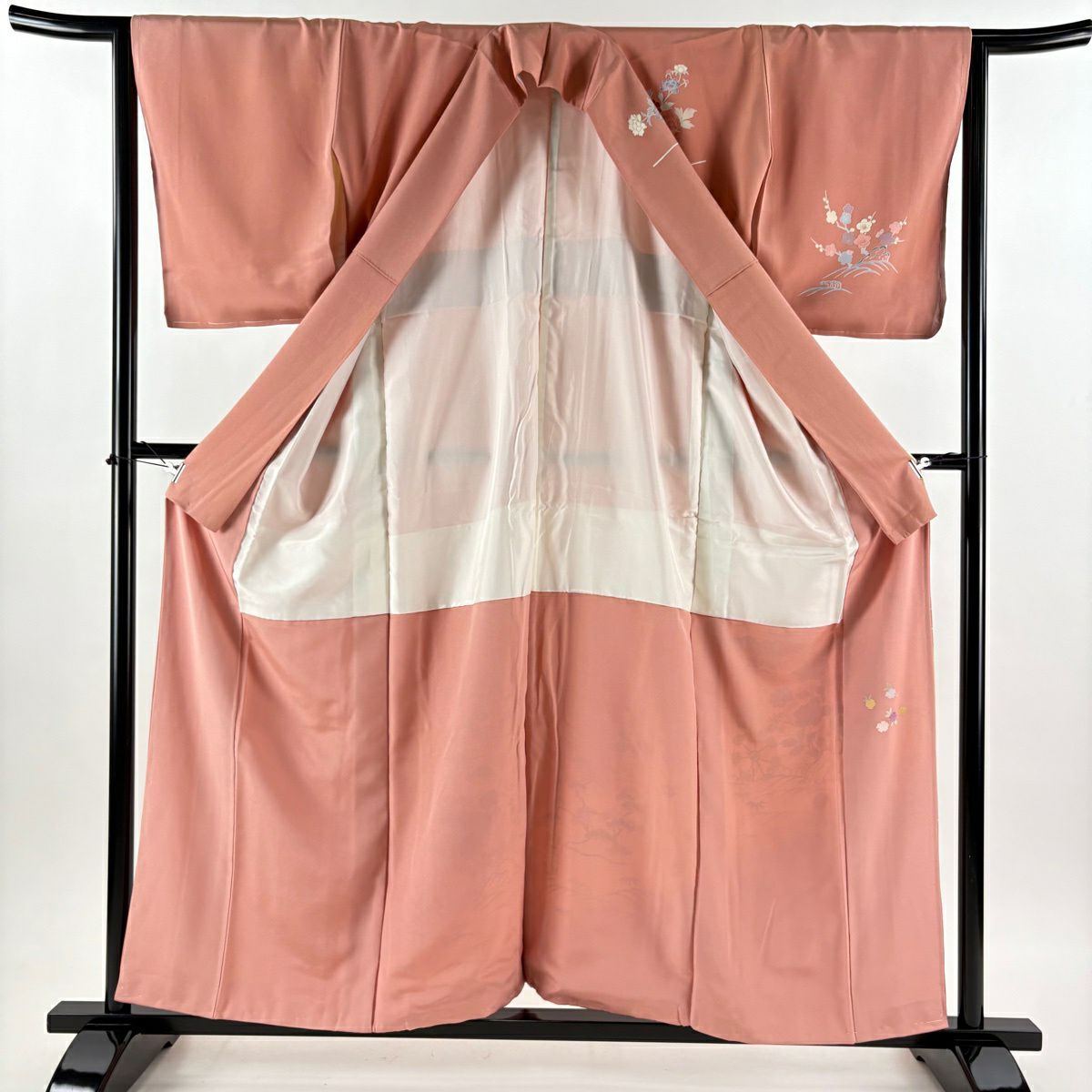 訪問服 身長158.5cm 袖長64.5cm M 雙層 松樹竹子梅花 橋 金銀彩 漸層 鮭粉色 純蠶絲 優品級
