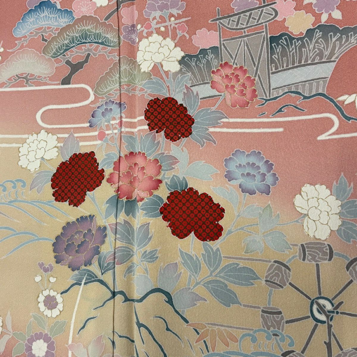 訪問服 身長158.5cm 袖長64.5cm M 雙層 松樹竹子梅花 橋 金銀彩 漸層 鮭粉色 純蠶絲 優品級