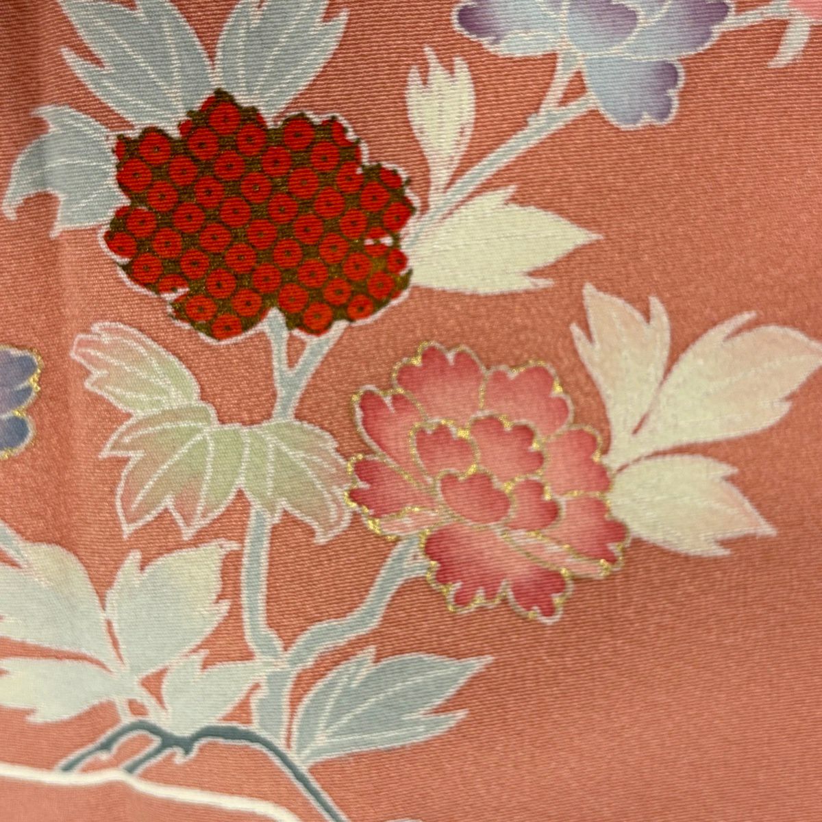 訪問服 身長158.5cm 袖長64.5cm M 雙層 松樹竹子梅花 橋 金銀彩 漸層 鮭粉色 純蠶絲 優品級