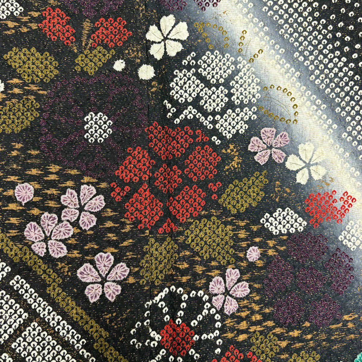訪問服 身長161cm 袖長65cm M 雙層 草花紋幾何圖案 金通 金銀彩 黑 純蠶絲 優品級
