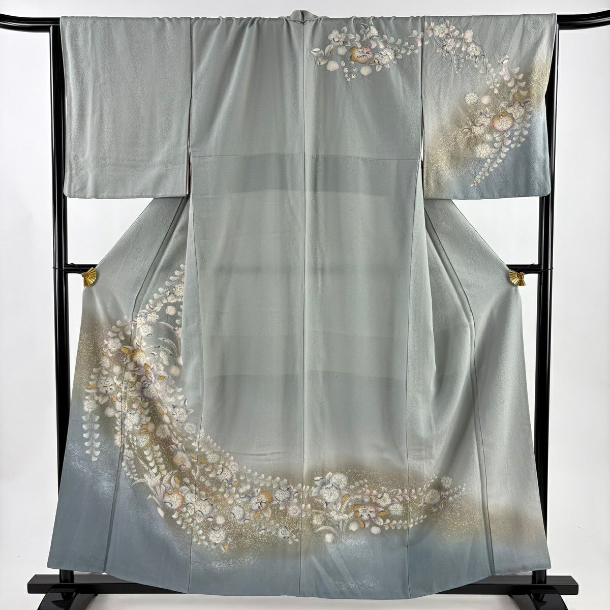 訪問服 身長158.5cm 袖長68.5cm L 雙層 辻花染 藤 金銀彩 漸層 灰綠 純蠶絲 優品級