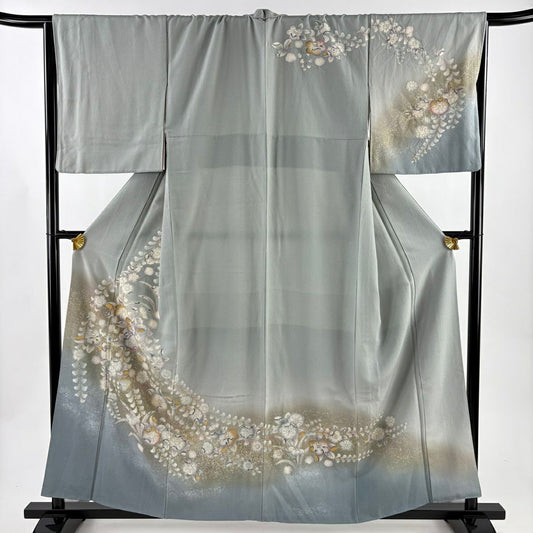 訪問服 身長158.5cm 袖長68.5cm L 雙層 辻花染 藤 金銀彩 漸層 灰綠 純蠶絲 優品級