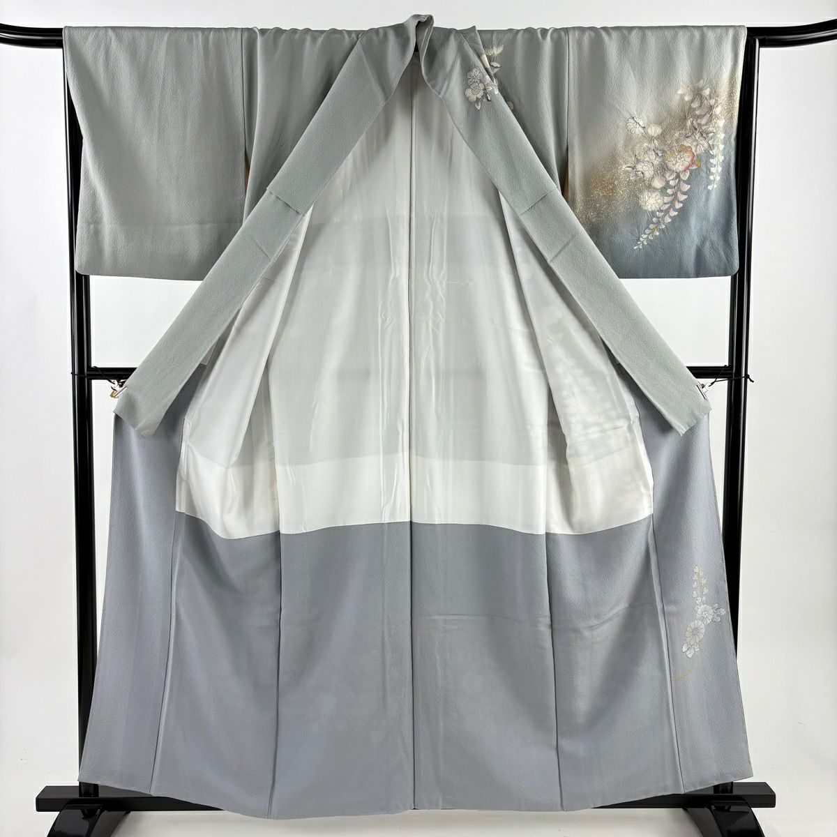 訪問服 身長158.5cm 袖長68.5cm L 雙層 辻花染 藤 金銀彩 漸層 灰綠 純蠶絲 優品級