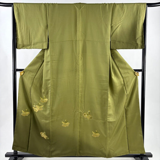 【美品】 付下 身長158.5cm 袖長67.5cm L 雙層 扇子面 草竹子刺繡 金線 鶯色 純蠶絲 優品級
