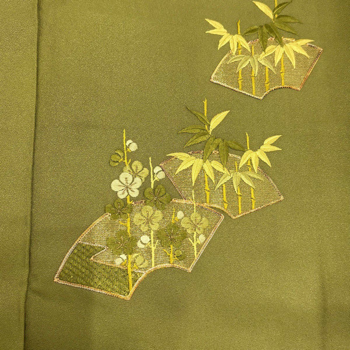 【美品】 付下 身長158.5cm 袖長67.5cm L 雙層 扇子面 草竹子刺繡 金線 鶯色 純蠶絲 優品級