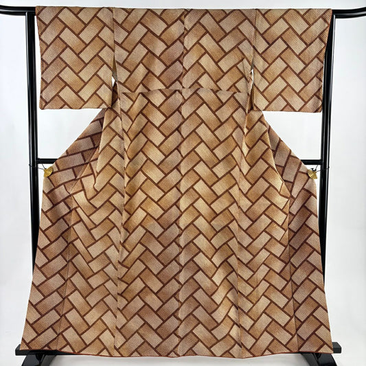 【美品】 小紋 身長159.5cm 袖長64.5cm M 雙層 桧垣 絞染 茶 純蠶絲 秀品級