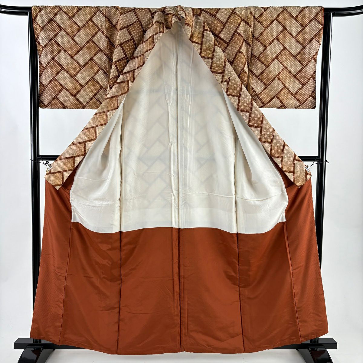 【美品】 小紋 身長159.5cm 袖長64.5cm M 雙層 桧垣 絞染 茶 純蠶絲 秀品級