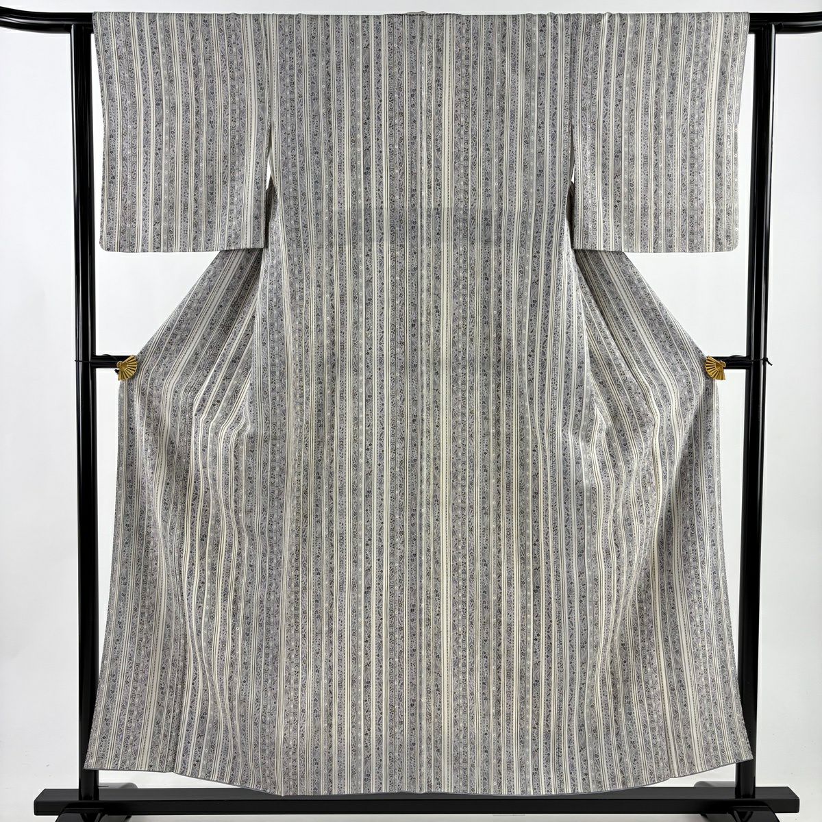 【美品】 小紋 身長154.5cm 袖長63cm S 雙層 花鳥 縱條 灰 純蠶絲 秀品級