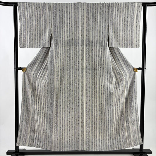 【美品】 小紋 身長154.5cm 袖長63cm S 雙層 花鳥 縱條 灰 純蠶絲 秀品級