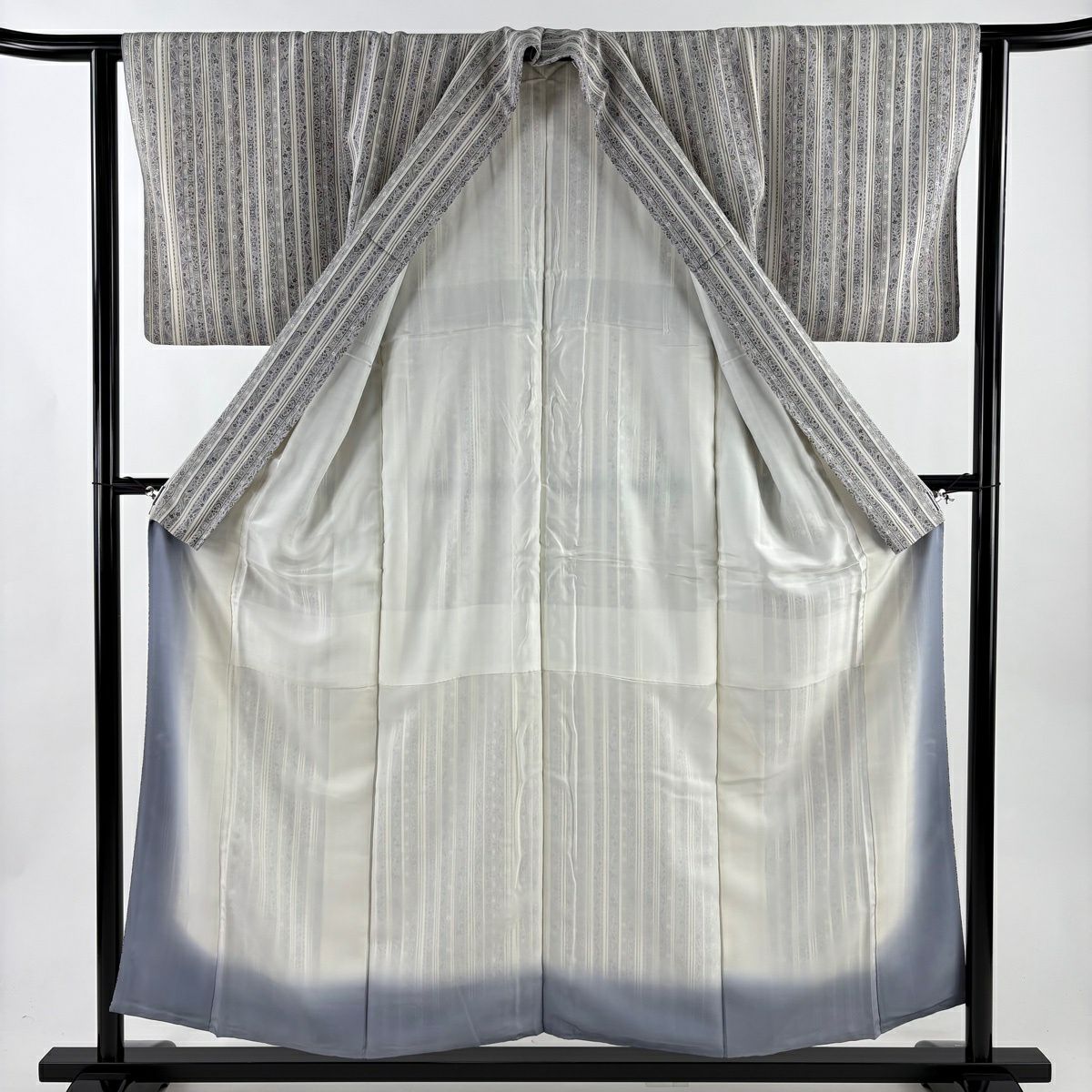 【美品】 小紋 身長154.5cm 袖長63cm S 雙層 花鳥 縱條 灰 純蠶絲 秀品級