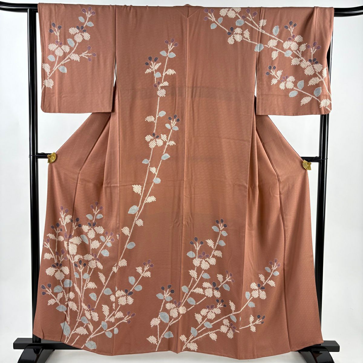 訪問服 身長159cm 袖長67cm M 雙層 草花紋紋 地紋 絞染 淺小豆 純蠶絲 優品級