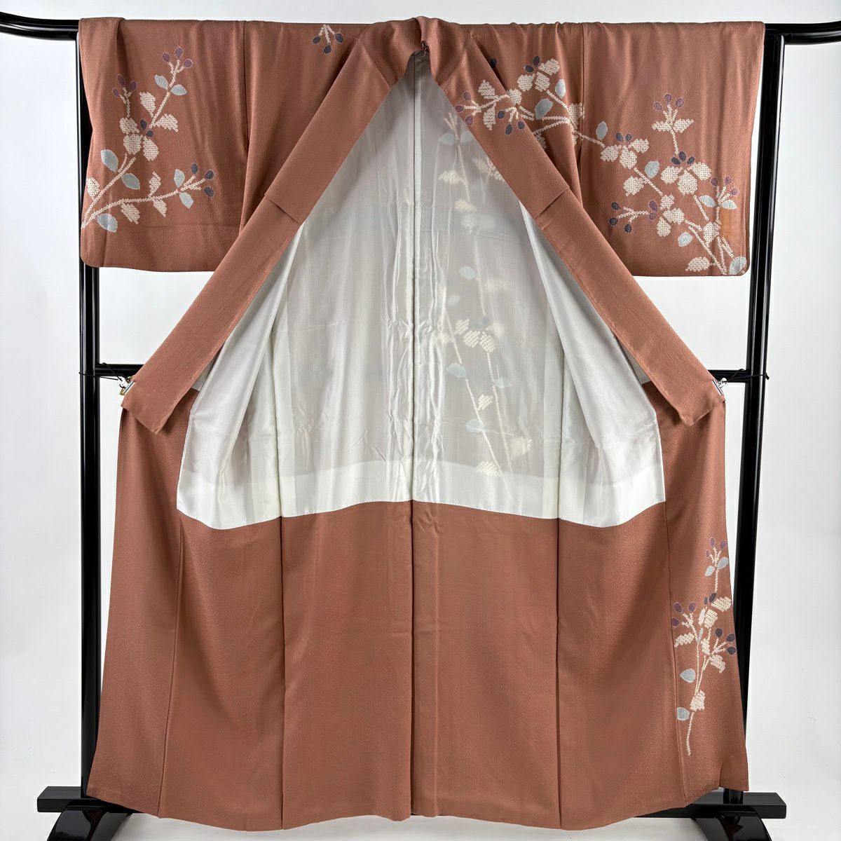 訪問服 身長159cm 袖長67cm M 雙層 草花紋紋 地紋 絞染 淺小豆 純蠶絲 優品級