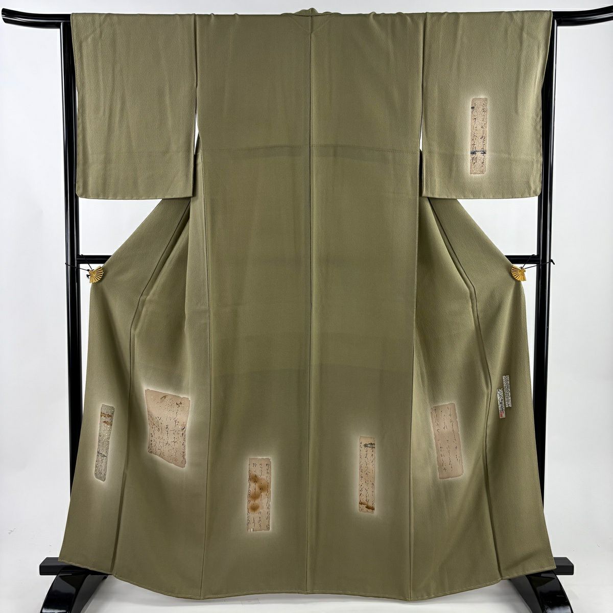 付下 身長164cm 袖長64.5cm M 雙層 樽本伊勢蔵 有落款 破れ色紙 文字紋 金銀彩 縮緬 茶綠 純蠶絲 優品級