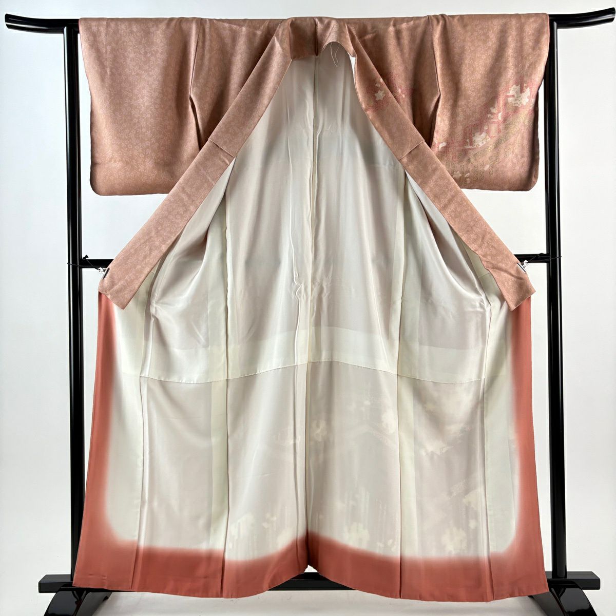 訪問服 身長160.5cm 袖長64cm M 雙層 建物 雪輪 刺繡 金彩裝飾 粉米色 純蠶絲 秀品級