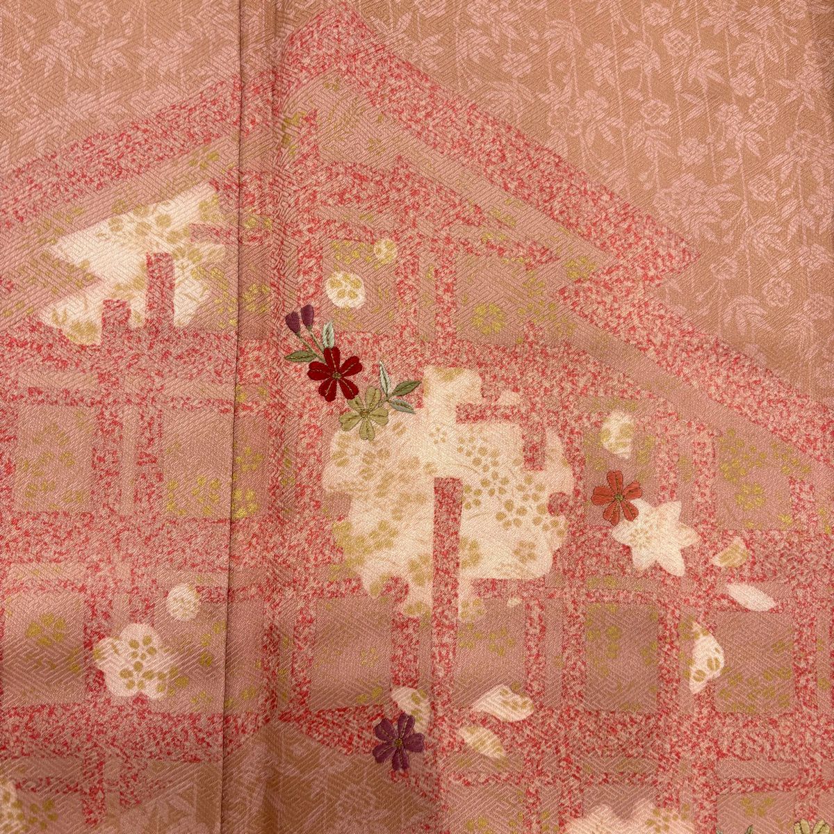 訪問服 身長160.5cm 袖長64cm M 雙層 建物 雪輪 刺繡 金彩裝飾 粉米色 純蠶絲 秀品級