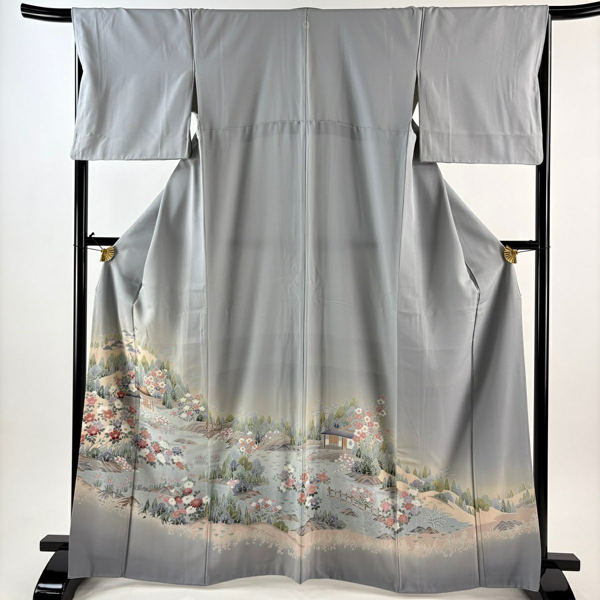 色留袖禮服 身長165.5cm 袖長67.5cm L 雙層 建物 草花紋紋 漸層 青灰 純蠶絲 秀品級 一個紋
