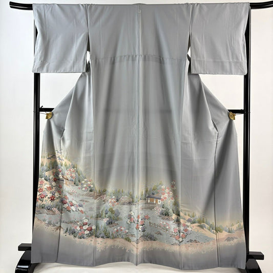 色留袖禮服 身長165.5cm 袖長67.5cm L 雙層 建物 草花紋紋 漸層 青灰 純蠶絲 秀品級 一個紋