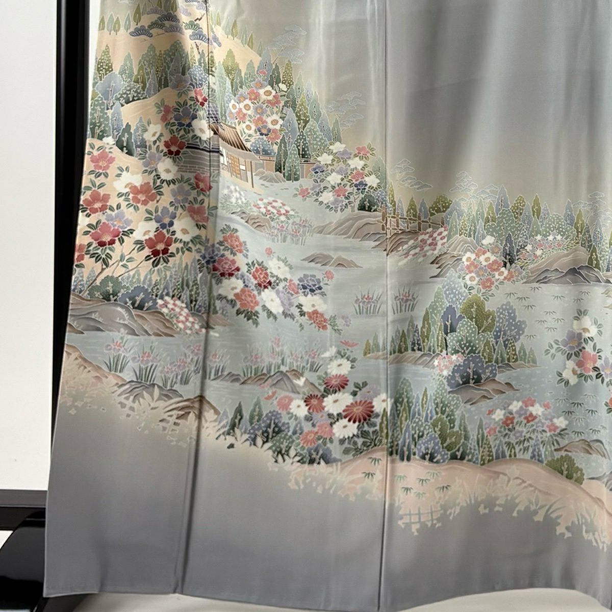 色留袖禮服 身長165.5cm 袖長67.5cm L 雙層 建物 草花紋紋 漸層 青灰 純蠶絲 秀品級 一個紋