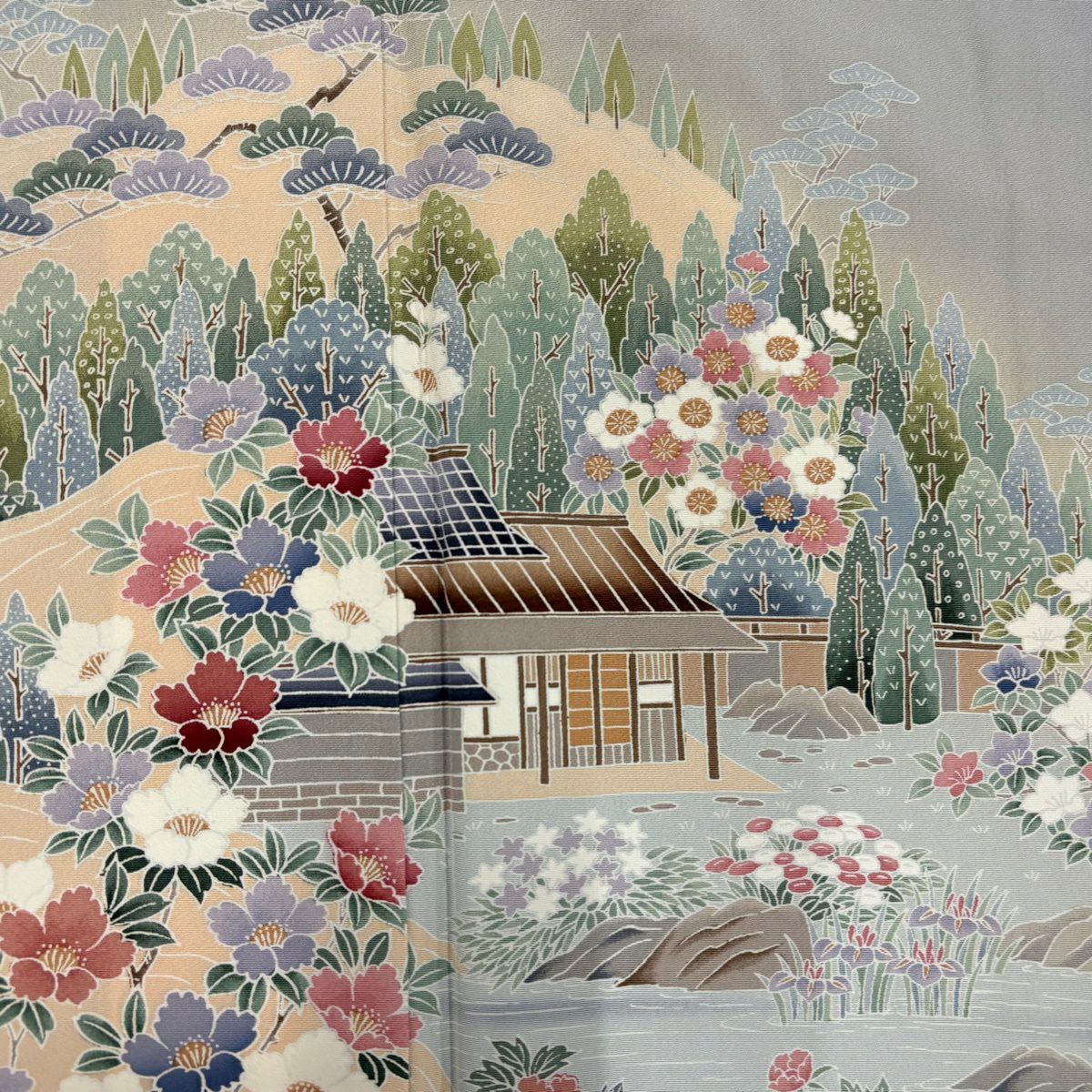 色留袖禮服 身長165.5cm 袖長67.5cm L 雙層 建物 草花紋紋 漸層 青灰 純蠶絲 秀品級 一個紋