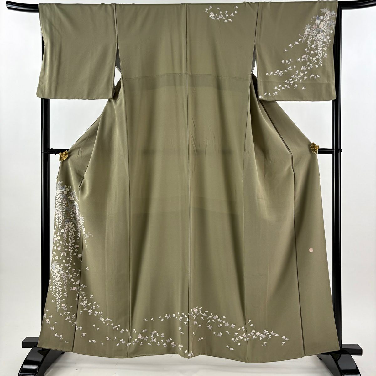 訪問服 身長161.5cm 袖長66cm M 雙層 落款あり 藤 菊花 灰綠 純蠶絲 秀品級