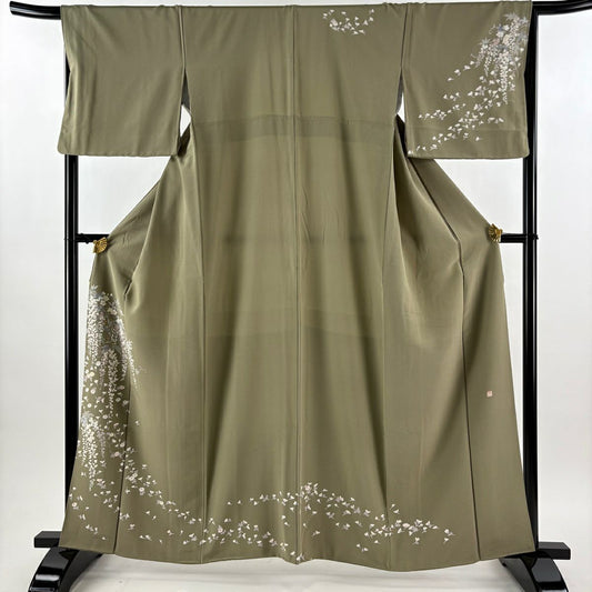訪問服 身長161.5cm 袖長66cm M 雙層 落款あり 藤 菊花 灰綠 純蠶絲 秀品級