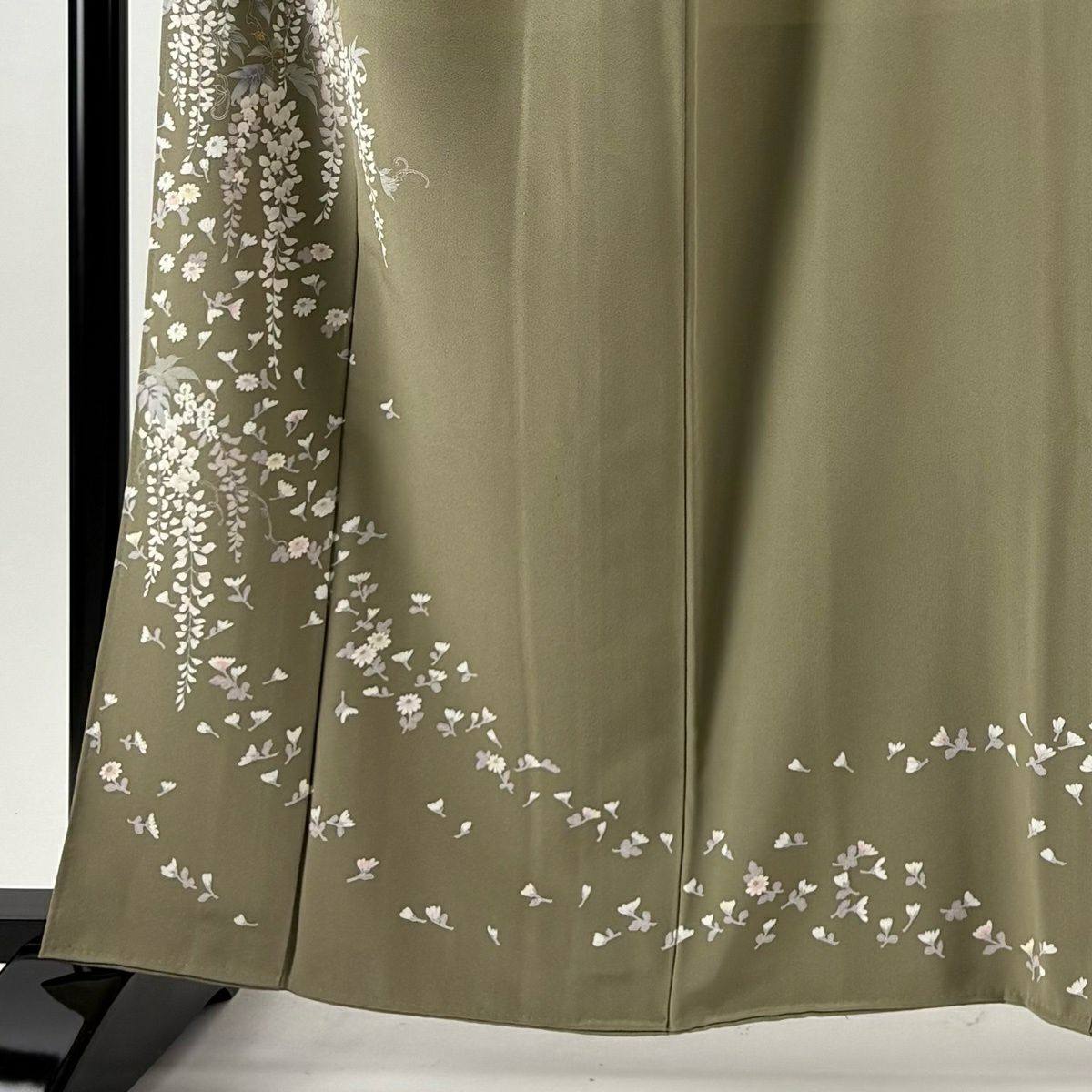 訪問服 身長161.5cm 袖長66cm M 雙層 落款あり 藤 菊花 灰綠 純蠶絲 秀品級