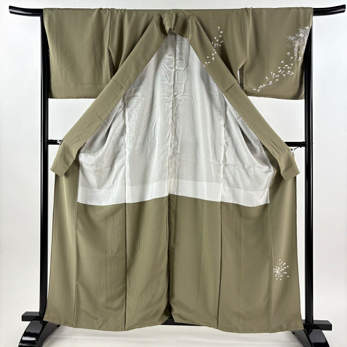 訪問服 身長161.5cm 袖長66cm M 雙層 落款あり 藤 菊花 灰綠 純蠶絲 秀品級