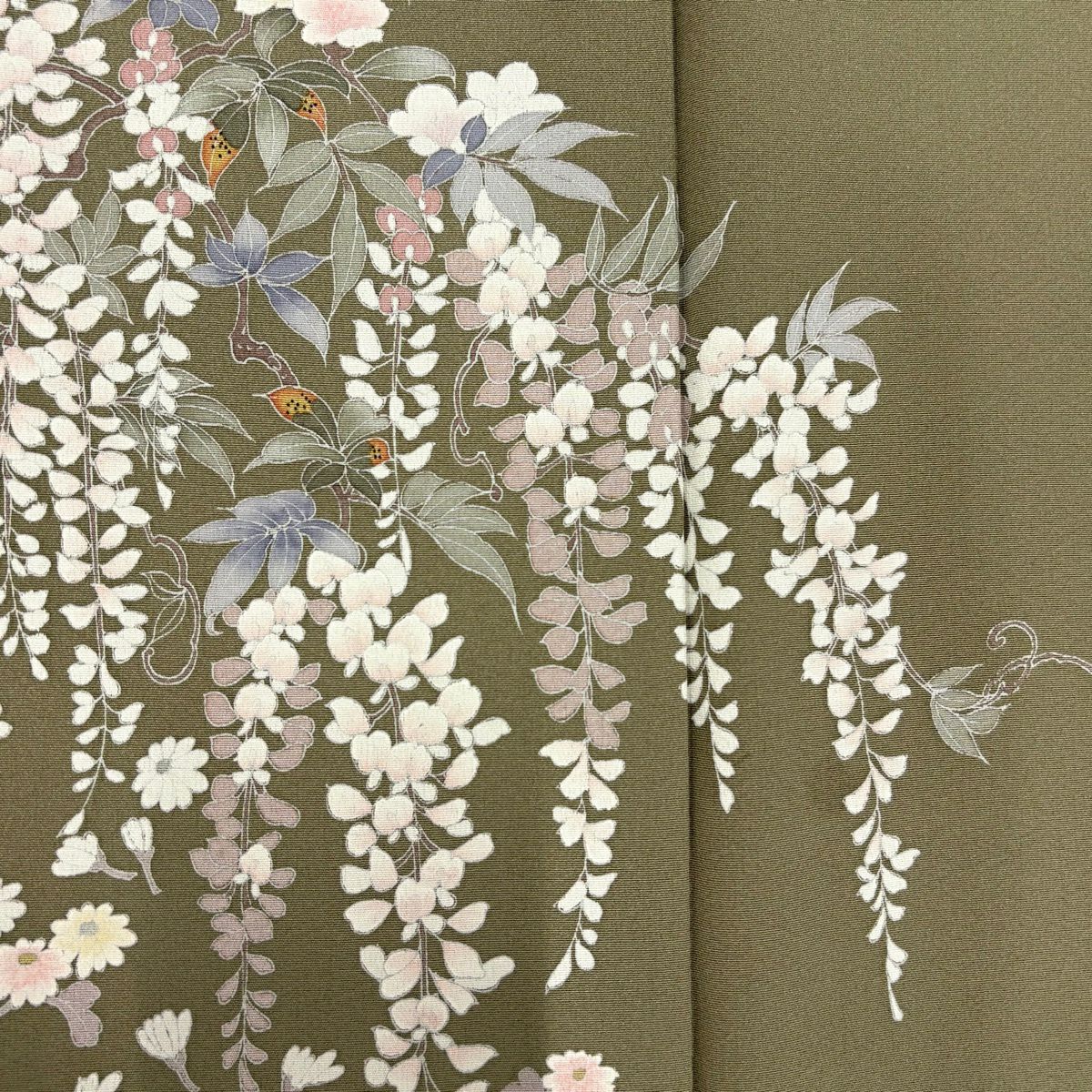 訪問服 身長161.5cm 袖長66cm M 雙層 落款あり 藤 菊花 灰綠 純蠶絲 秀品級
