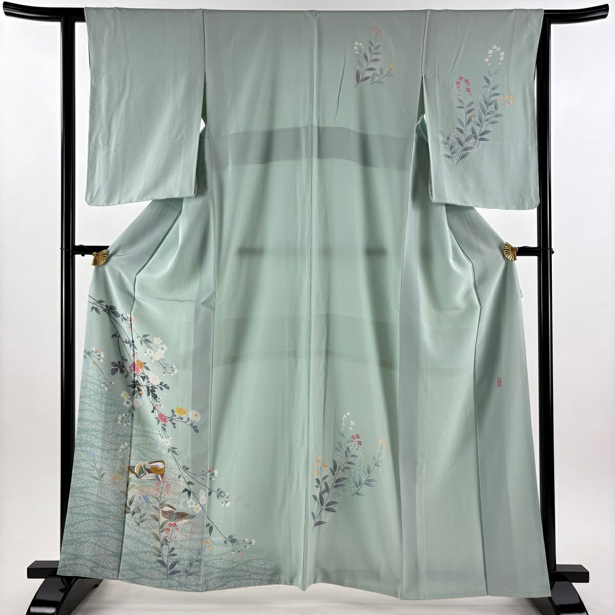 【美品】 付下 身長163cm 袖長62cm S 雙層 落款 菊花 鴛鴦 金銀彩 漸層 薄綠 純蠶絲 優品級