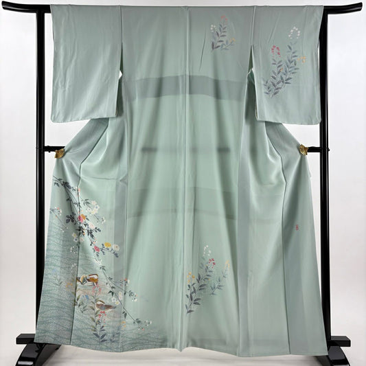 【美品】 付下 身長163cm 袖長62cm S 雙層 落款 菊花 鴛鴦 金銀彩 漸層 薄綠 純蠶絲 優品級