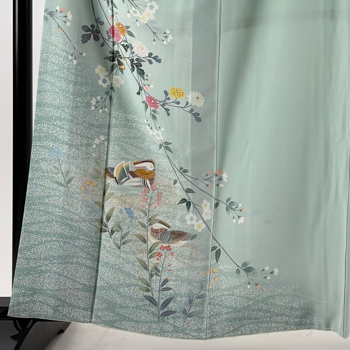 【美品】 付下 身長163cm 袖長62cm S 雙層 落款 菊花 鴛鴦 金銀彩 漸層 薄綠 純蠶絲 優品級