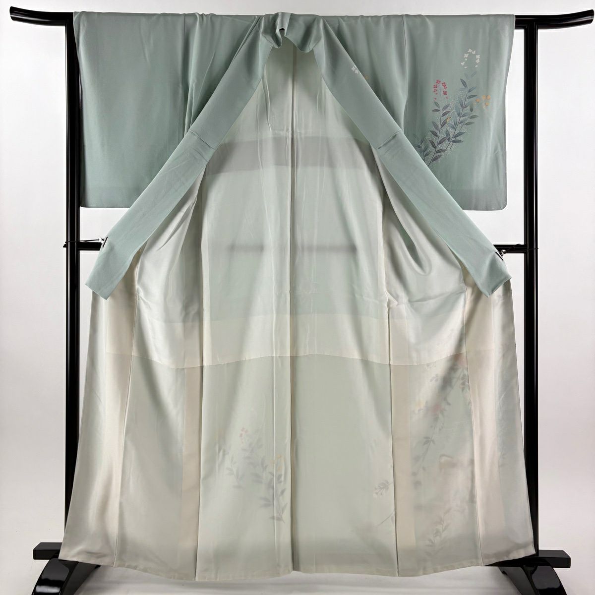 【美品】 付下 身長163cm 袖長62cm S 雙層 落款 菊花 鴛鴦 金銀彩 漸層 薄綠 純蠶絲 優品級