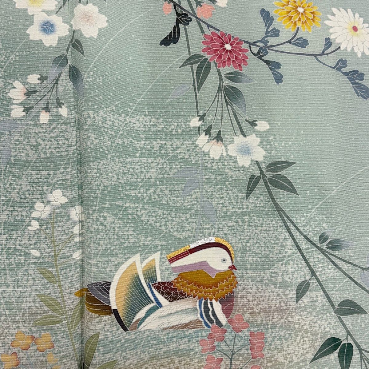 【美品】 付下 身長163cm 袖長62cm S 雙層 落款 菊花 鴛鴦 金銀彩 漸層 薄綠 純蠶絲 優品級