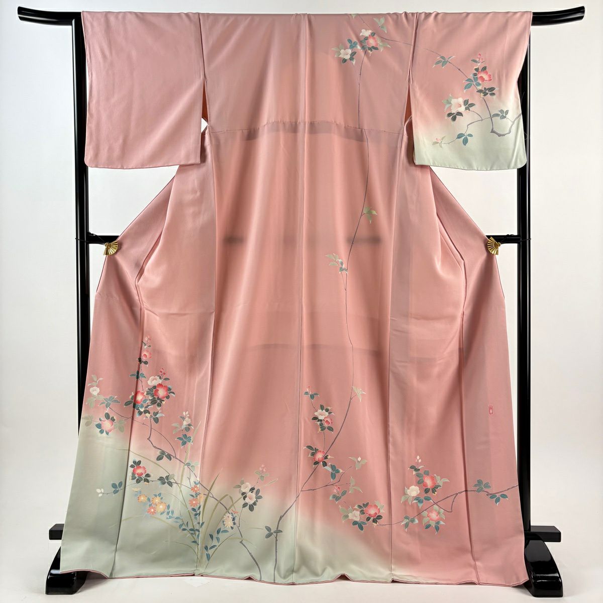 訪問服 身長172.5cm 袖長66cm M 雙層 落款有 枝花 草花紋紋 漸變 粉紅色 純蠶絲 優品級